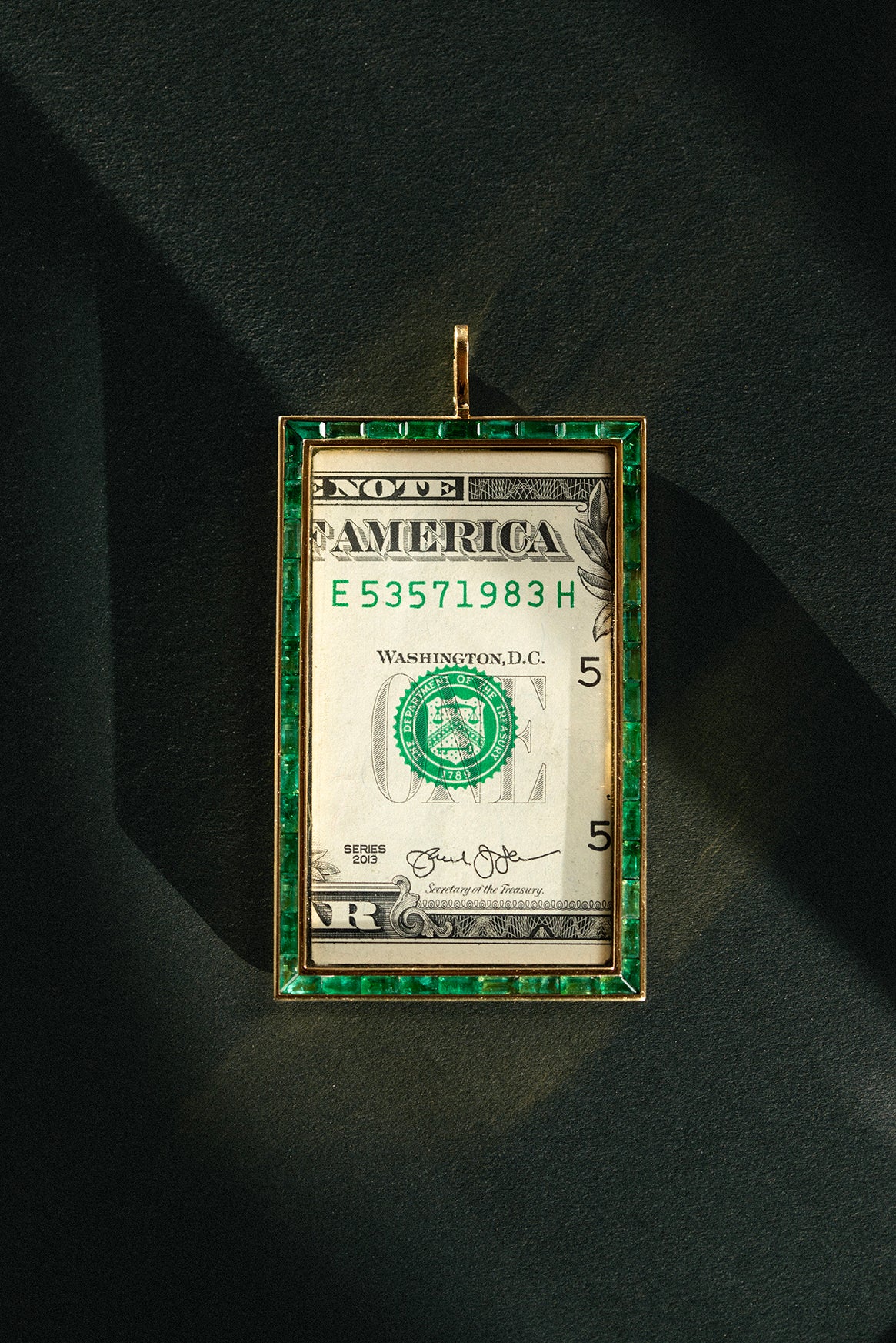 Dinai One-Dollar Banknote Medal, Yellow Gold with Emeralds