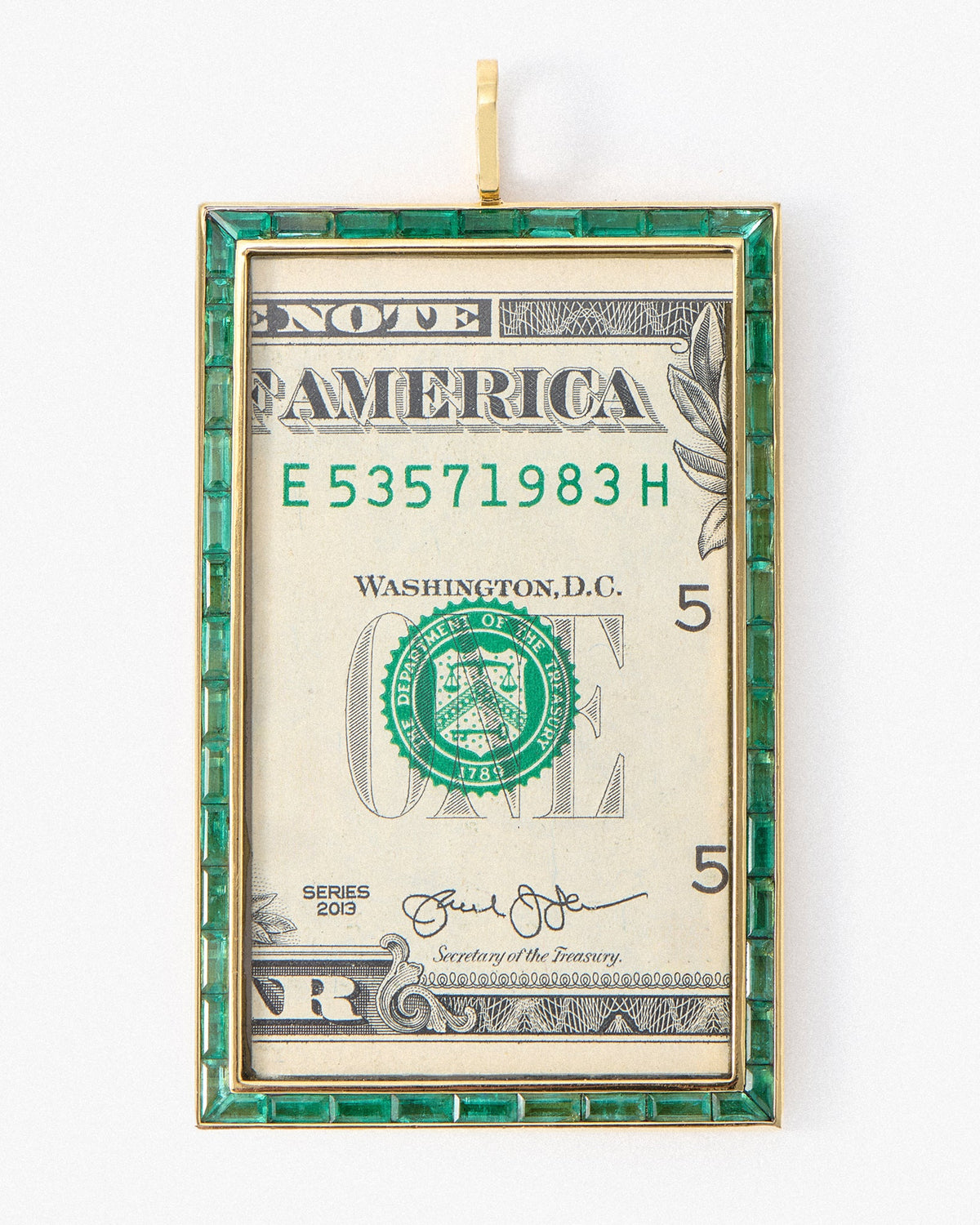 Dinai One-Dollar Banknote Medal, Yellow Gold with Emeralds