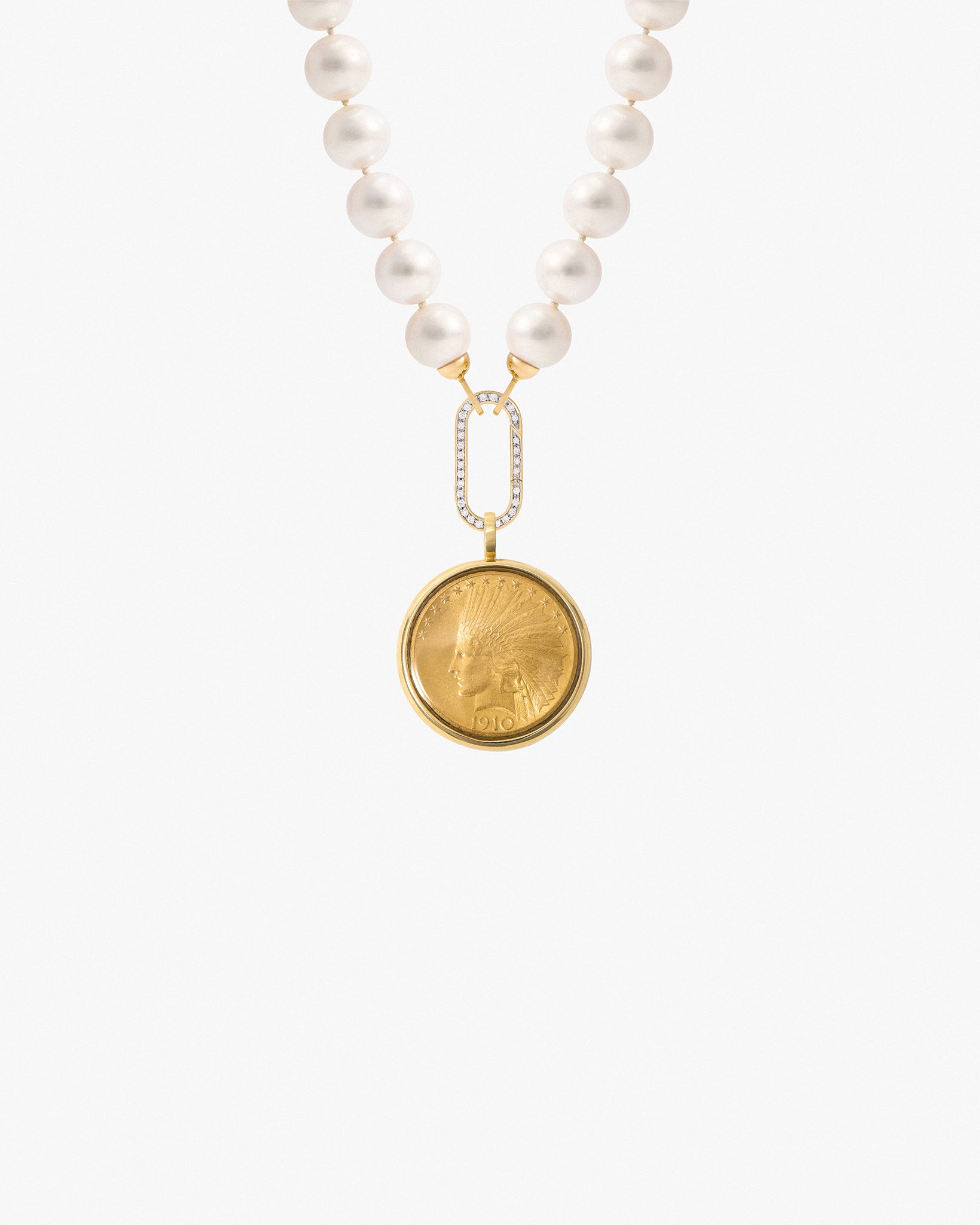 Pilla Pearl Necklace with Indian Head Eagle and Diamond Connector