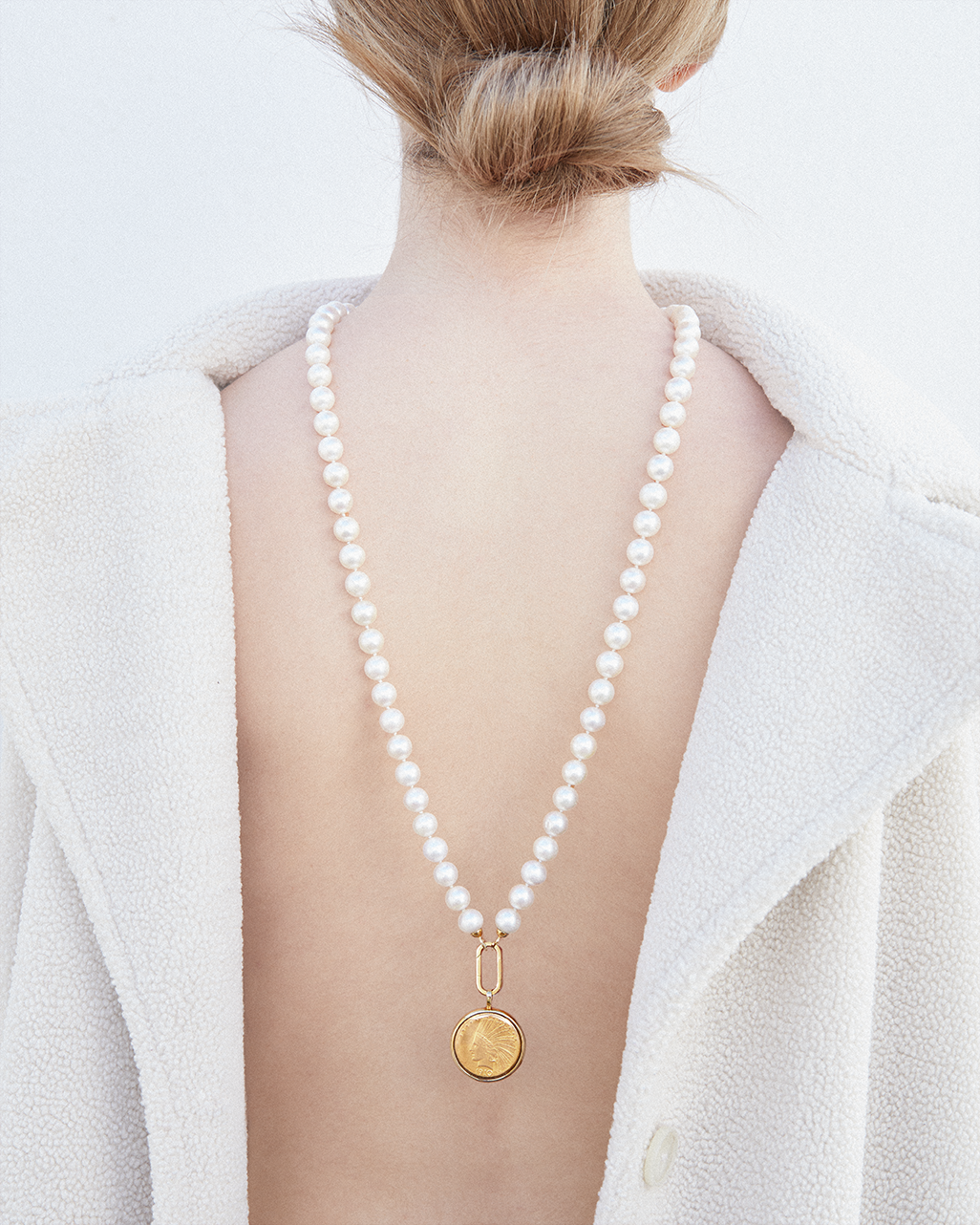 Pilla Pearl Necklace with Indian Head Eagle and 18K Yellow Gold Connector