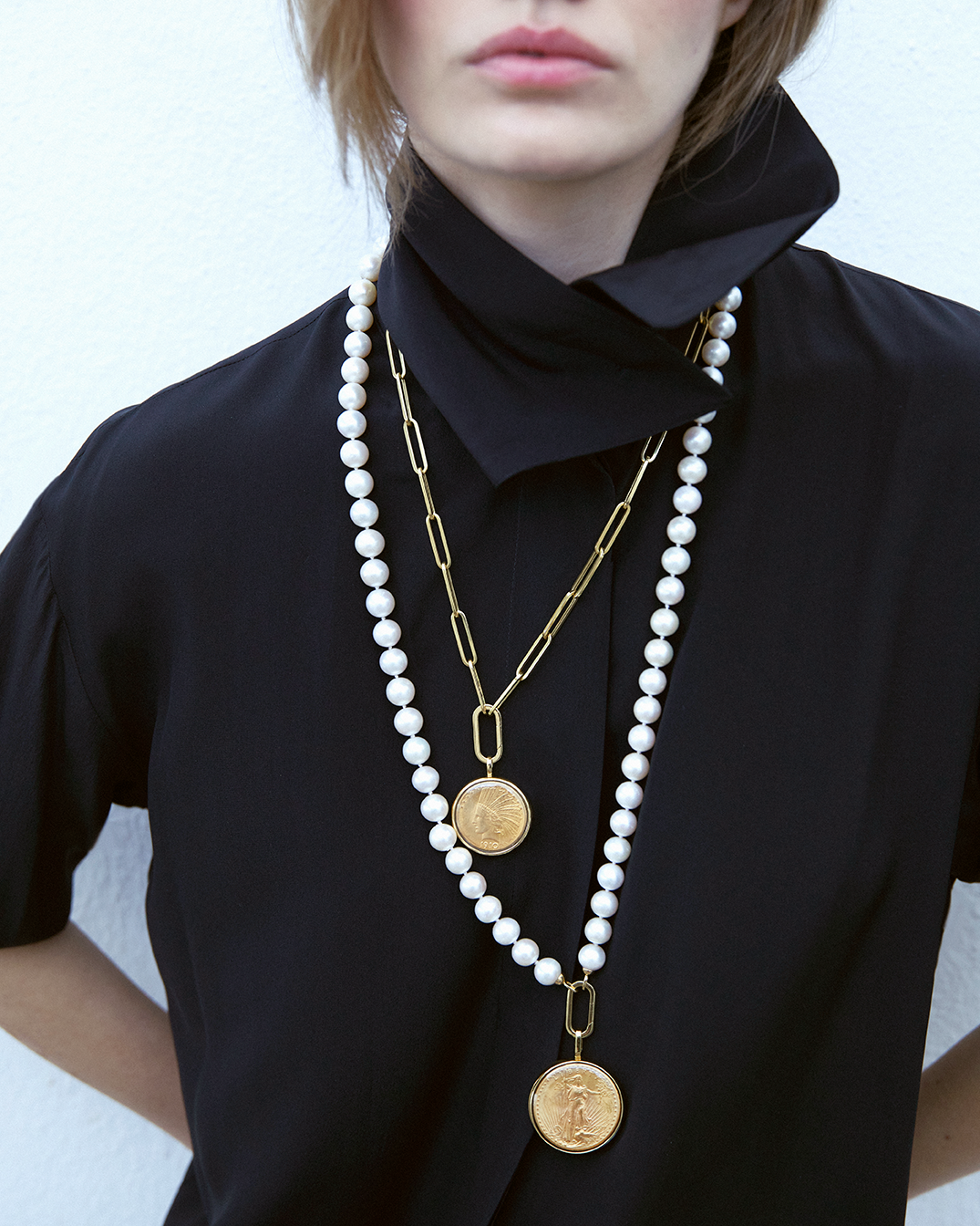 Pilla Pearl Necklace with St. Gaudens Double Eagle and 18K Yellow Gold Connector