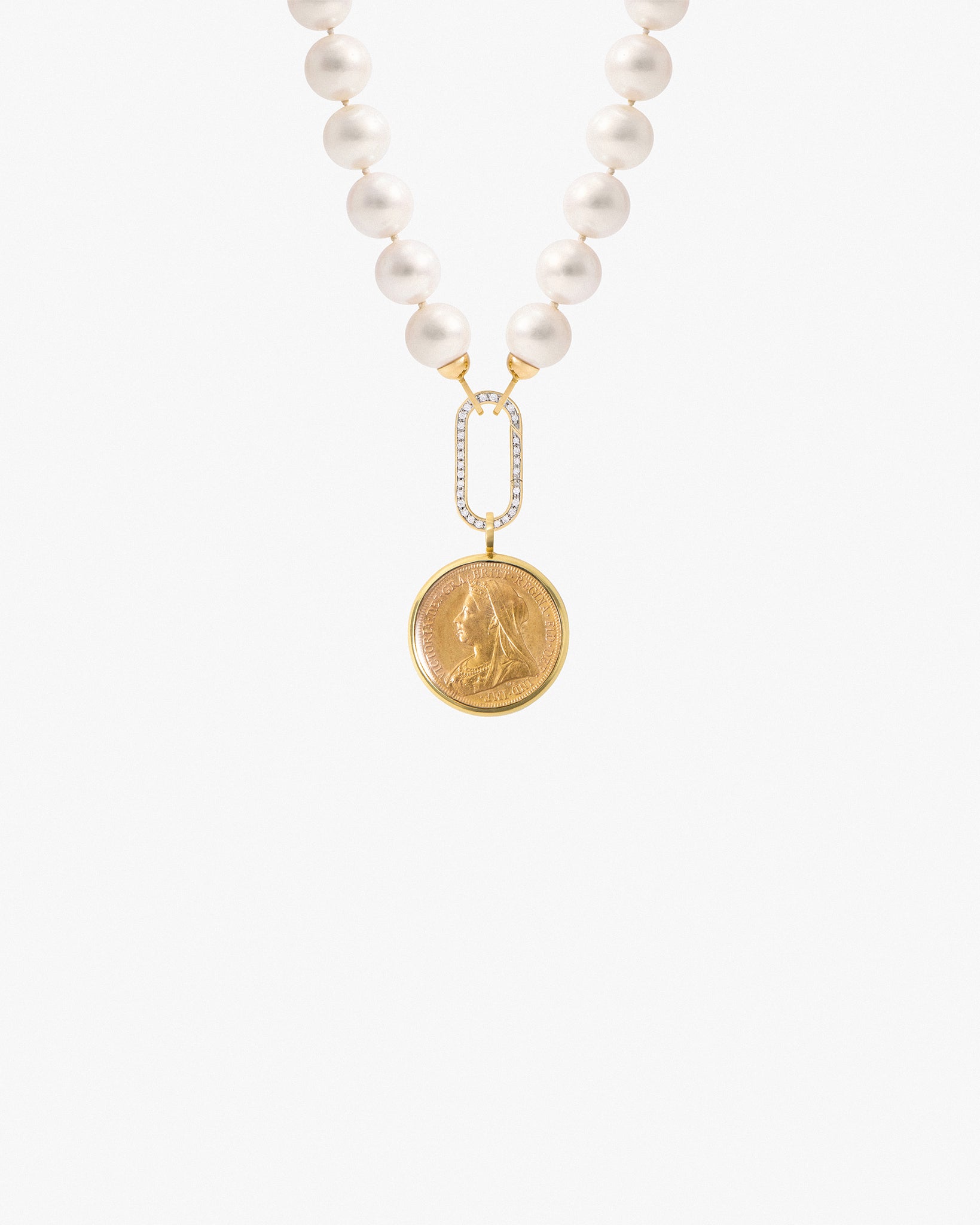 Pilla Pearl Necklace with Queen Victoria Sovereign coin and Diamond Connector