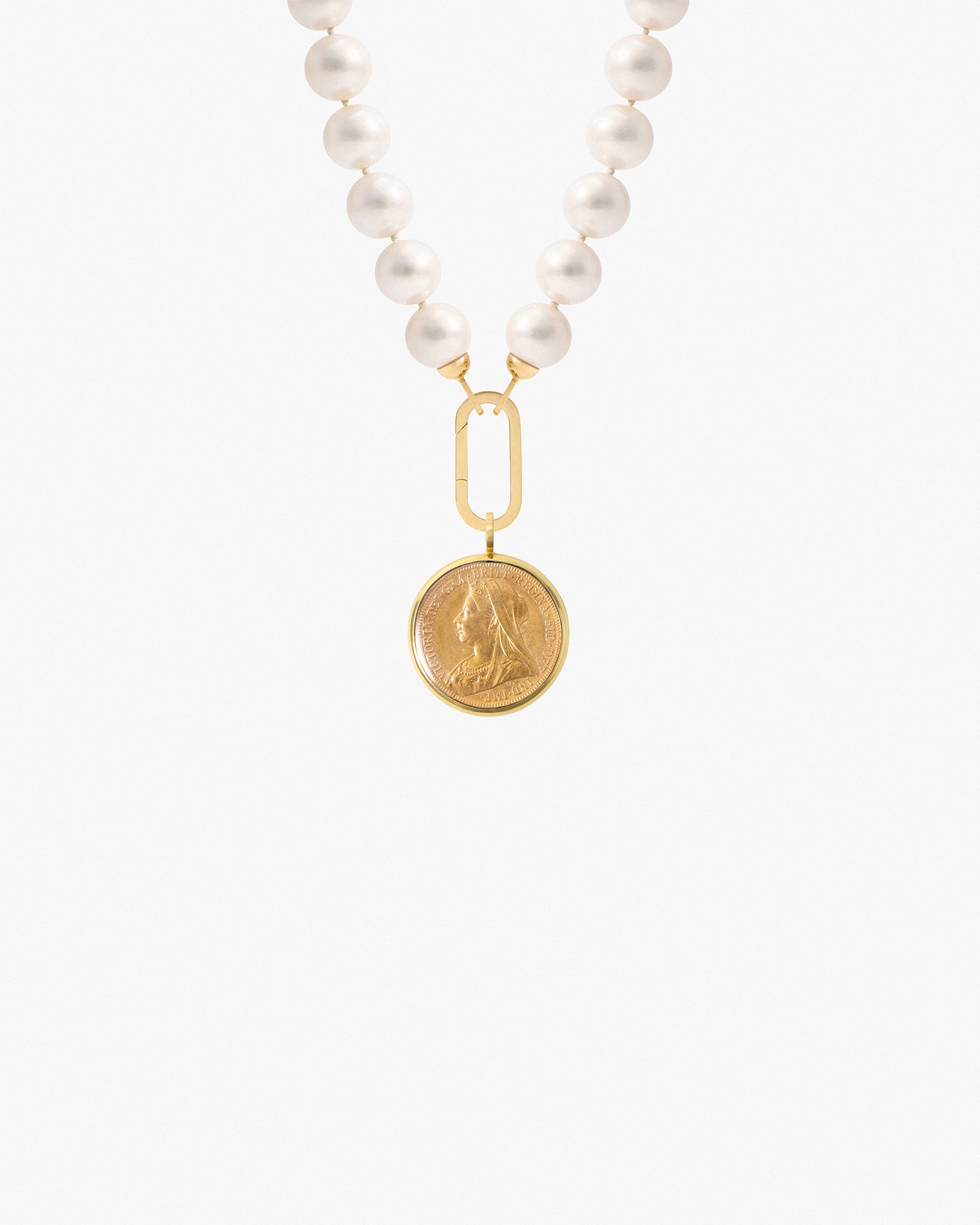 Pilla Pearl Necklace with Queen Victoria Sovereign coin and 18K Yellow Gold Connector
