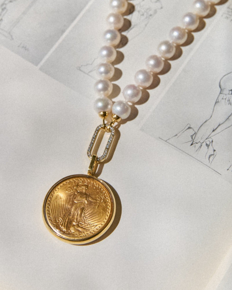 Pilla Saint-Gaudens Double Eagle Pearl Necklace, Diamond Connector