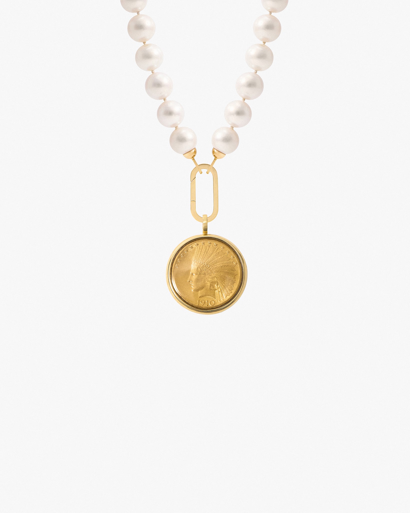 Pilla Pearl Necklace with Indian Head Eagle and 18K Yellow Gold Connector