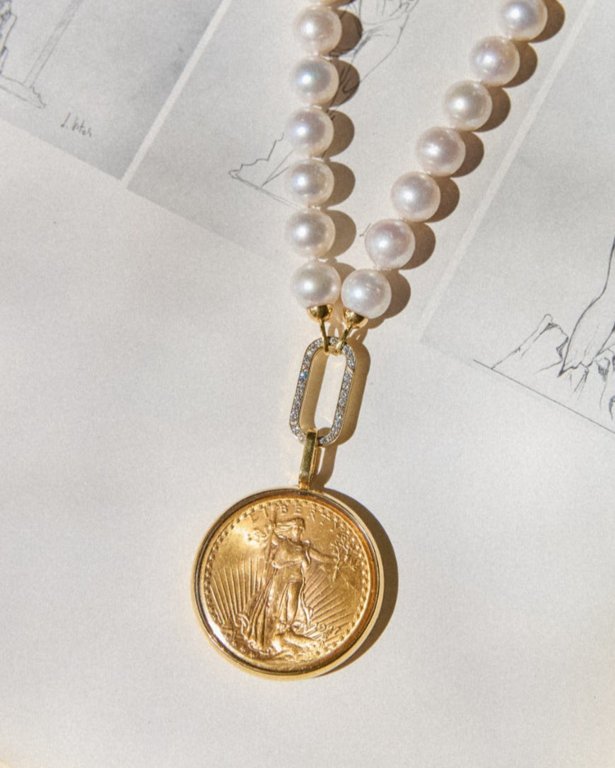 Pilla Pearl Necklace with St. Gaudens Double Eagle and Diamond Connector